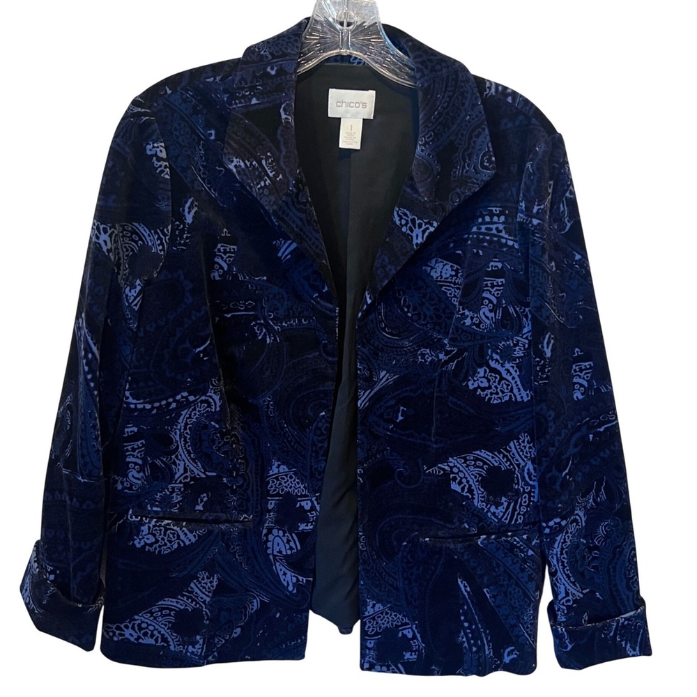 Chicos Blue Paisley Velvet Blazer Open Front Jacket Size 1 M Notched Lapel Lined